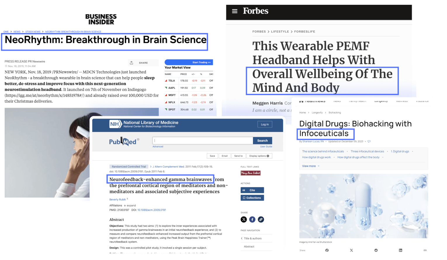 NeoRhythm PEMF Headband in the Media - various headlines.